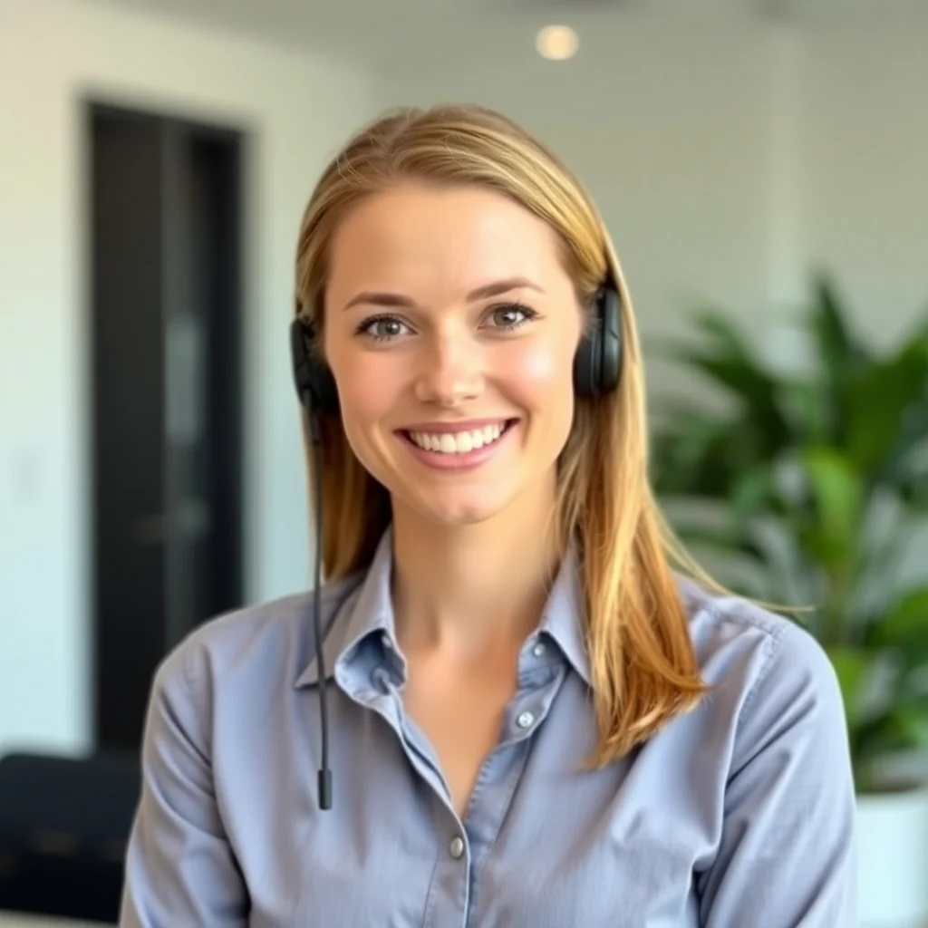 Professional portrait of a female customer service representative in her 30s, warm smile, business casual attire, office setting