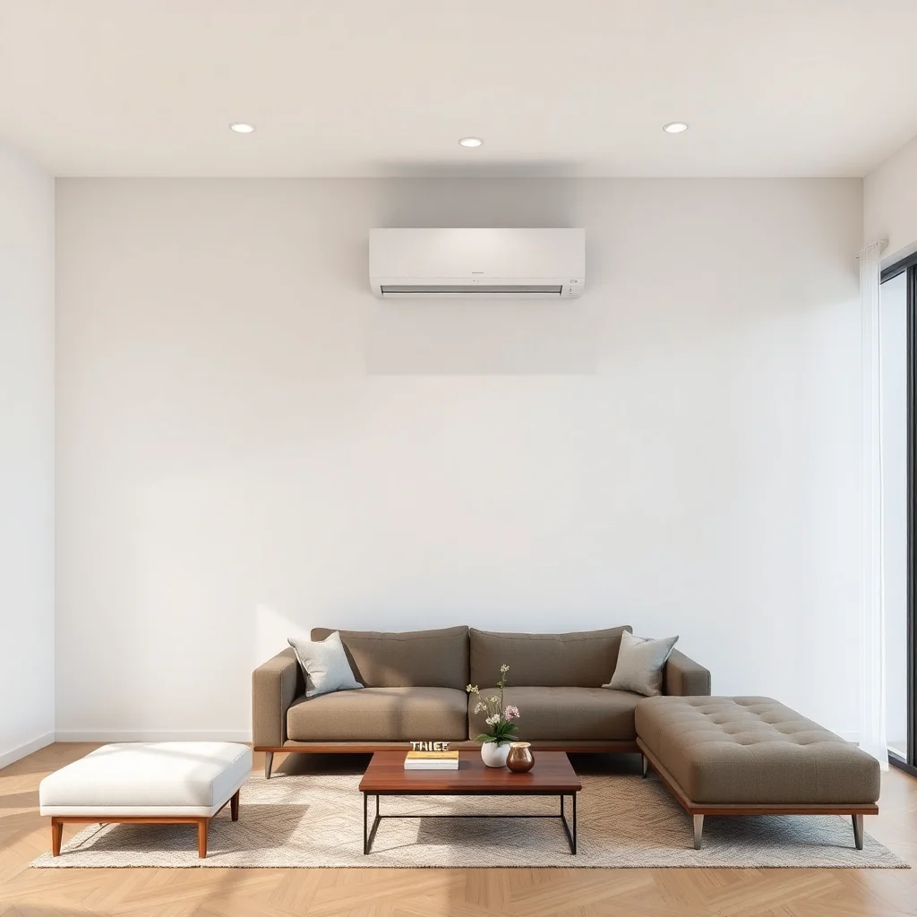 modern living room interior empty wall before air conditioner installation minimalist design bright lighting