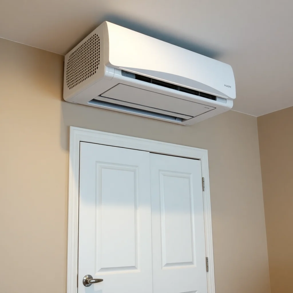 bedroom interior with compact air conditioner unit above door neat installation
