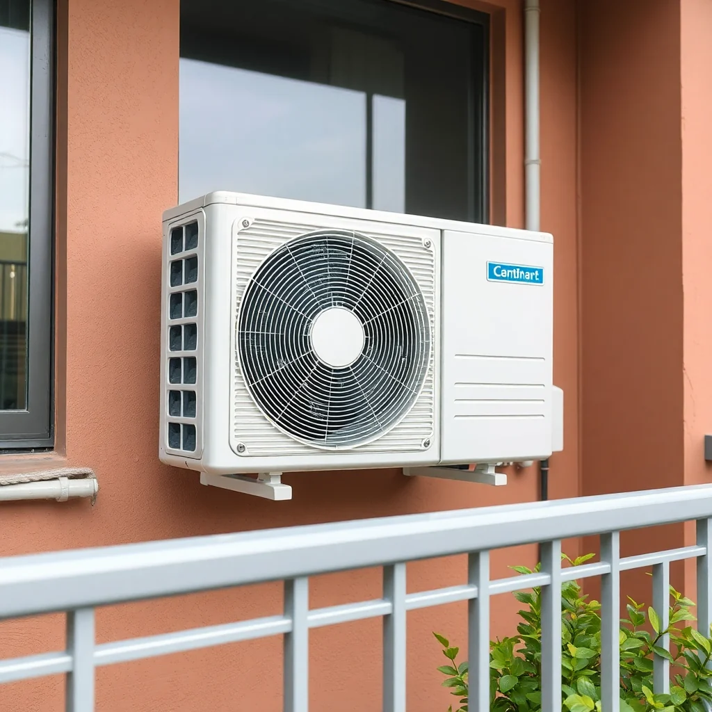 close up of modern air conditioner outdoor unit installed on balcony neat piping