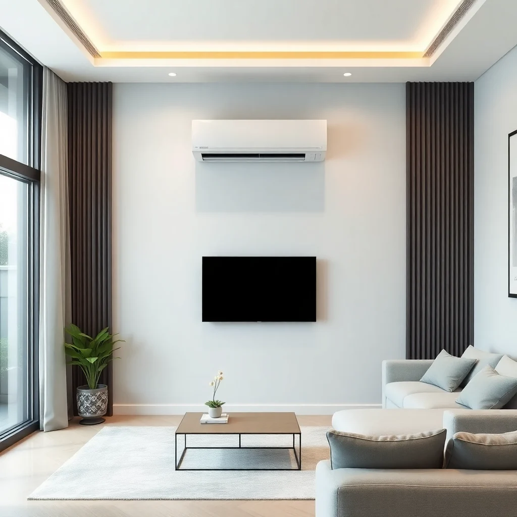 modern living room interior with sleek wall mounted air conditioner minimalist design bright lighting